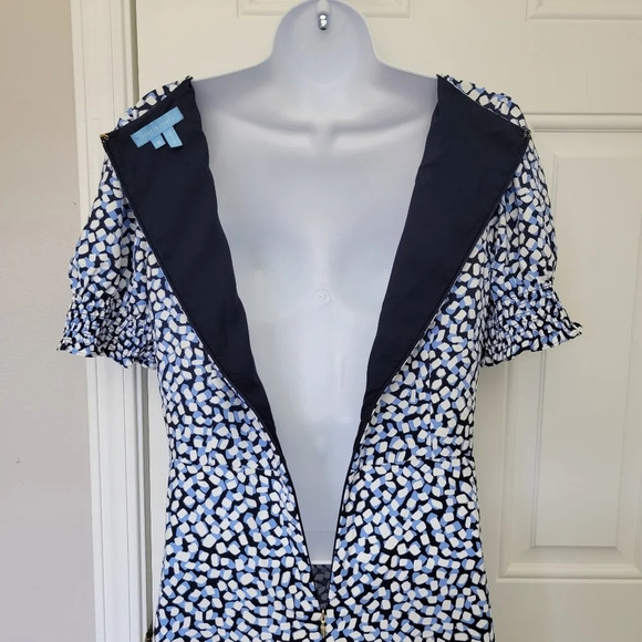 Draper James Patsy Dress In Square Geo Blue Cream Ruffled Sleeves Tie Front Sz 6 - Picture 10 of 13